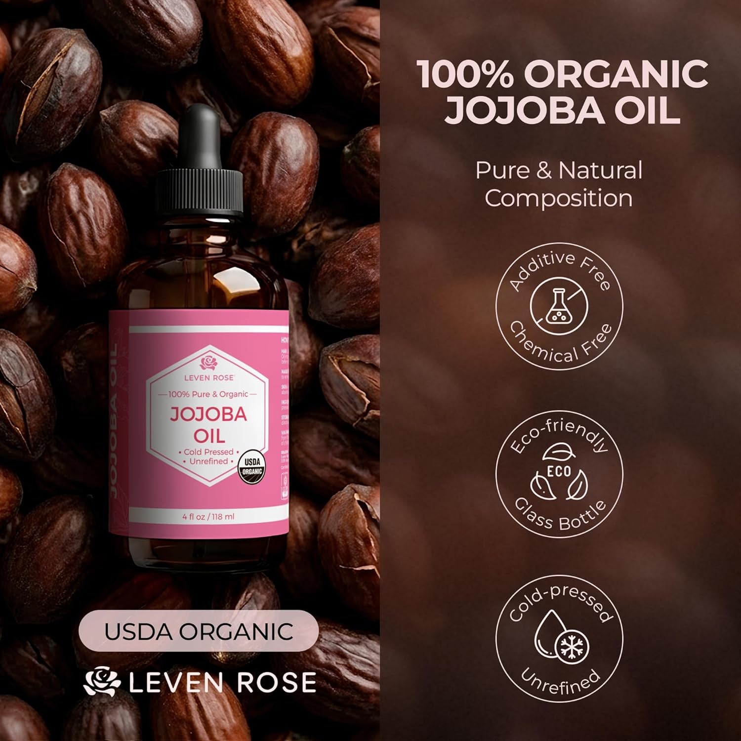 Jojoba Oil Organic, Pure Cold Pressed Carrier Oil, Natural Unrefined Moisturizer for Skin Hair and Nails 4 Oz