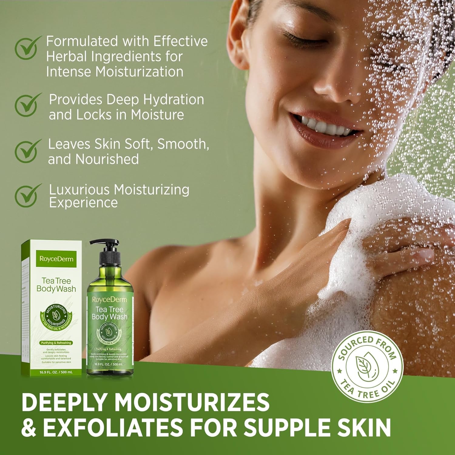 Tea Tree Body Wash & Soap, Purifying and Refreshing Body Cleanser with Tea Tree Oil & Wormwood, Moisturizing Body Wash Helps Soothe Skin, Suitable for Men and Women, 16.9 Fl Oz