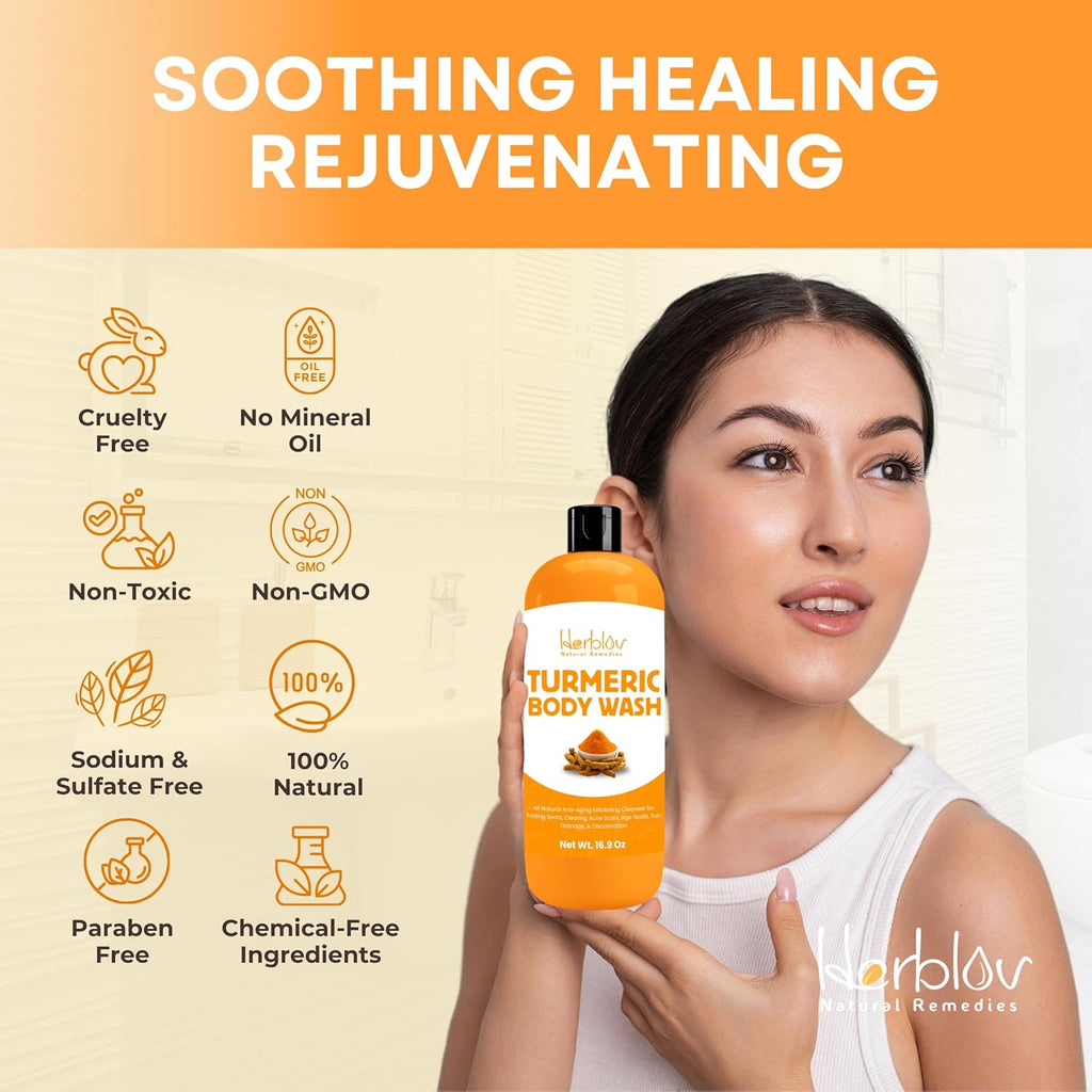 Turmeric Body Wash – Skin Brightening Liquid Soap for Discoloration – Natural anti Aging Exfoliating Turmeric Body Wash for Spots, Acne, Sun Damage – Bath Soap Skincare