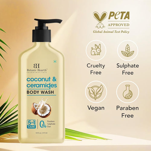 Coconut & Ceramides Body Wash – Hydrating Shower Gel for Soft, Smooth Skin, 5-In-1 Gentle Cleanser, Sulfate & Paraben Free – 16 Fl Oz