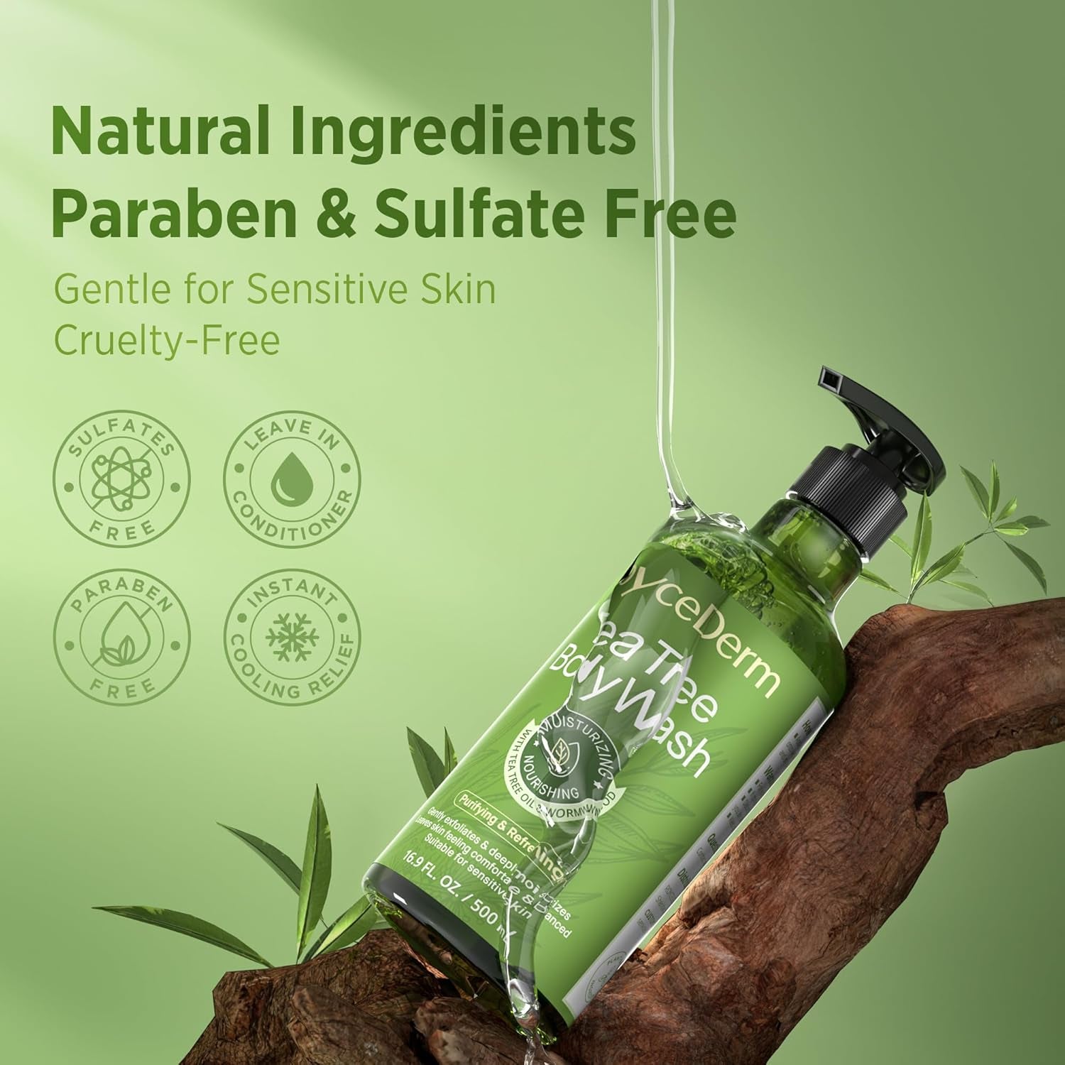 Tea Tree Body Wash & Soap, Purifying and Refreshing Body Cleanser with Tea Tree Oil & Wormwood, Moisturizing Body Wash Helps Soothe Skin, Suitable for Men and Women, 16.9 Fl Oz