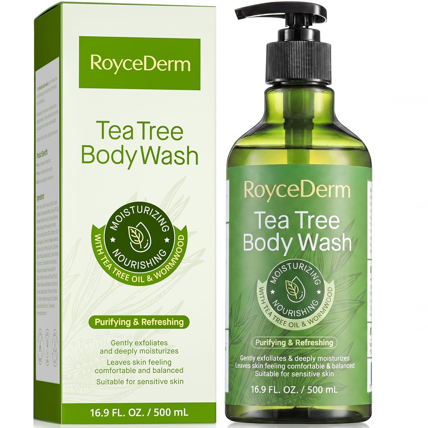 Tea Tree Body Wash & Soap, Purifying and Refreshing Body Cleanser with Tea Tree Oil & Wormwood, Moisturizing Body Wash Helps Soothe Skin, Suitable for Men and Women, 16.9 Fl Oz