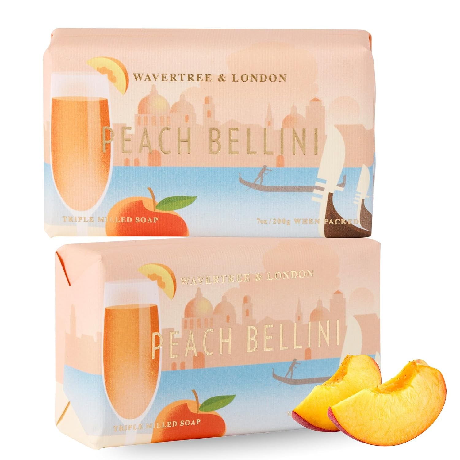 Peach Bellini Scented Natural Soap (2 Bars), 7Oz Moisturizing French Triple Milled Soap Bars Enriched with Shea Butter - Pure Plant Based Bath & Body Bars for All Skin Types