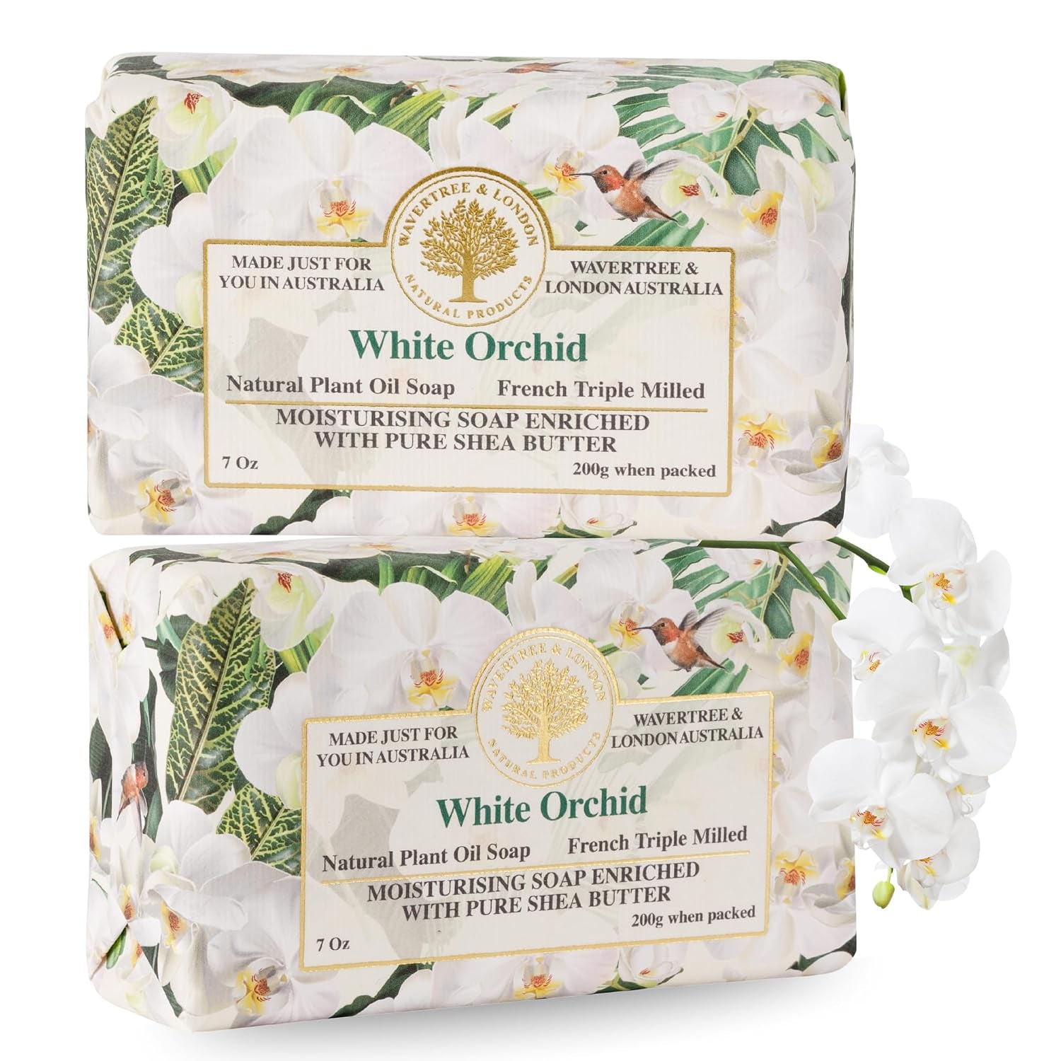 White Orchid Scented Natural Soap (2 Bars), 7Oz Moisturizing French Triple Milled Soap Bars Enriched with Shea Butter - Pure Plant Based Bath & Body Bars for All Skin Types