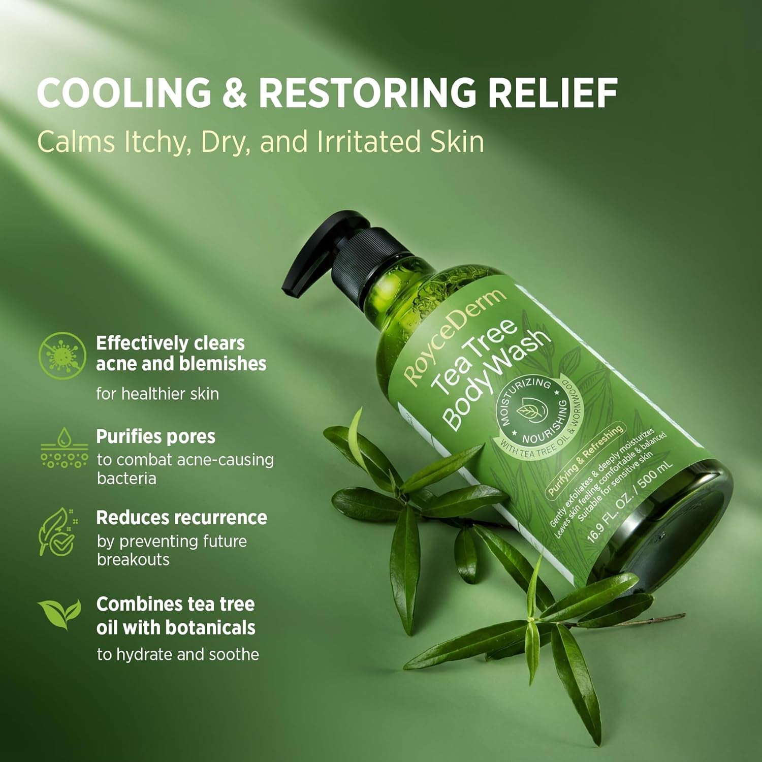 Tea Tree Body Wash & Soap, Purifying and Refreshing Body Cleanser with Tea Tree Oil & Wormwood, Moisturizing Body Wash Helps Soothe Skin, Suitable for Men and Women, 16.9 Fl Oz